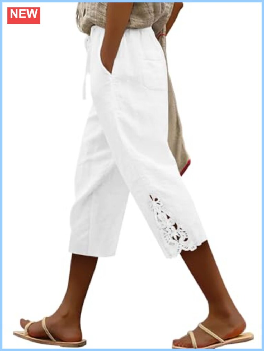 ONLYSHE Women's Capri Pants Casual Cotton Linen Trousers Lightweight Drawstring